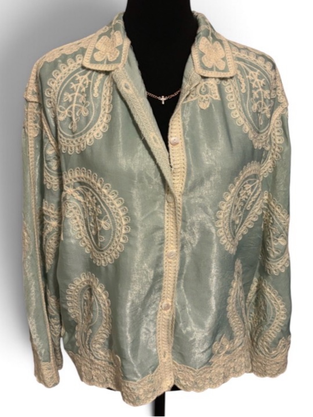 Shimmery Mint Sage Green Lightweight Jacket Cream Paisley Embroidered
